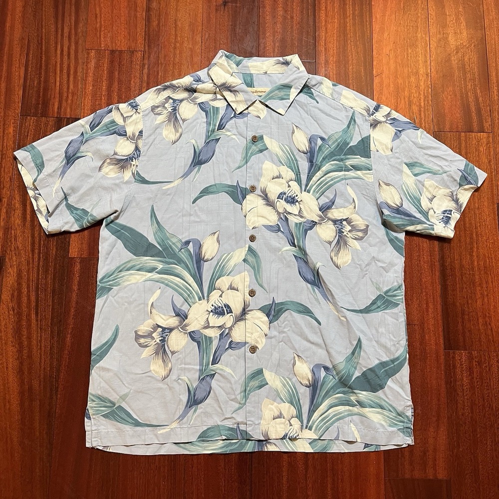 VINTAGE Tommy Bahama Shirt Mens Large Blue Floral Hibiscus Silk Camp 90's Y2K